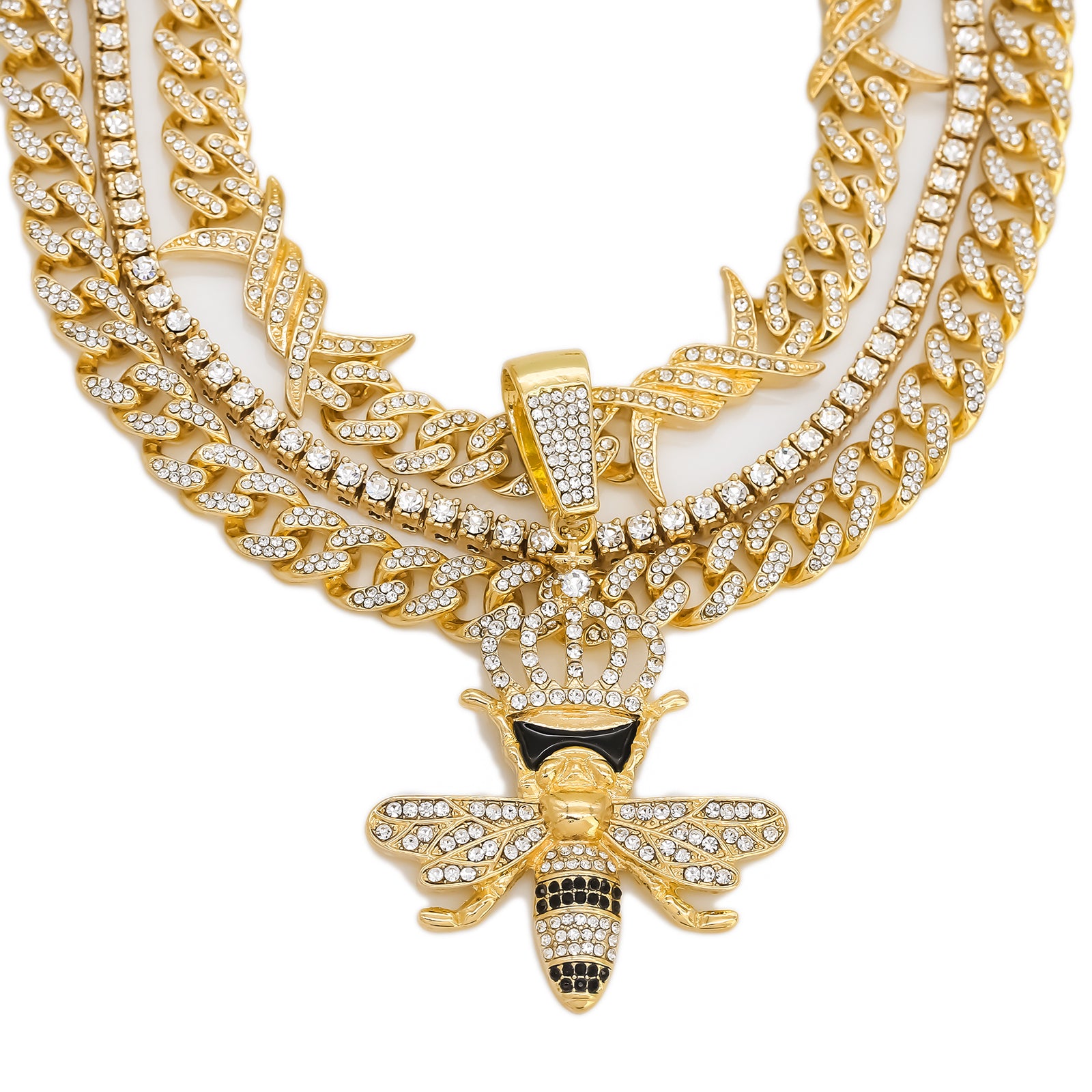 Crown Bee Cz 4 Pcs Set Barb Wire Spike Chain, Tennis Chain & Miami Cuban Chain Bundle Gold PT