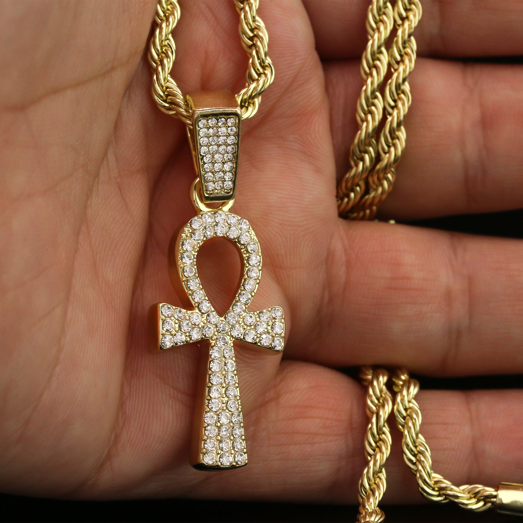 Fully Cz Ankh Pendant 24" Rope Chain Hip Hop 18k Jewelry Necklace