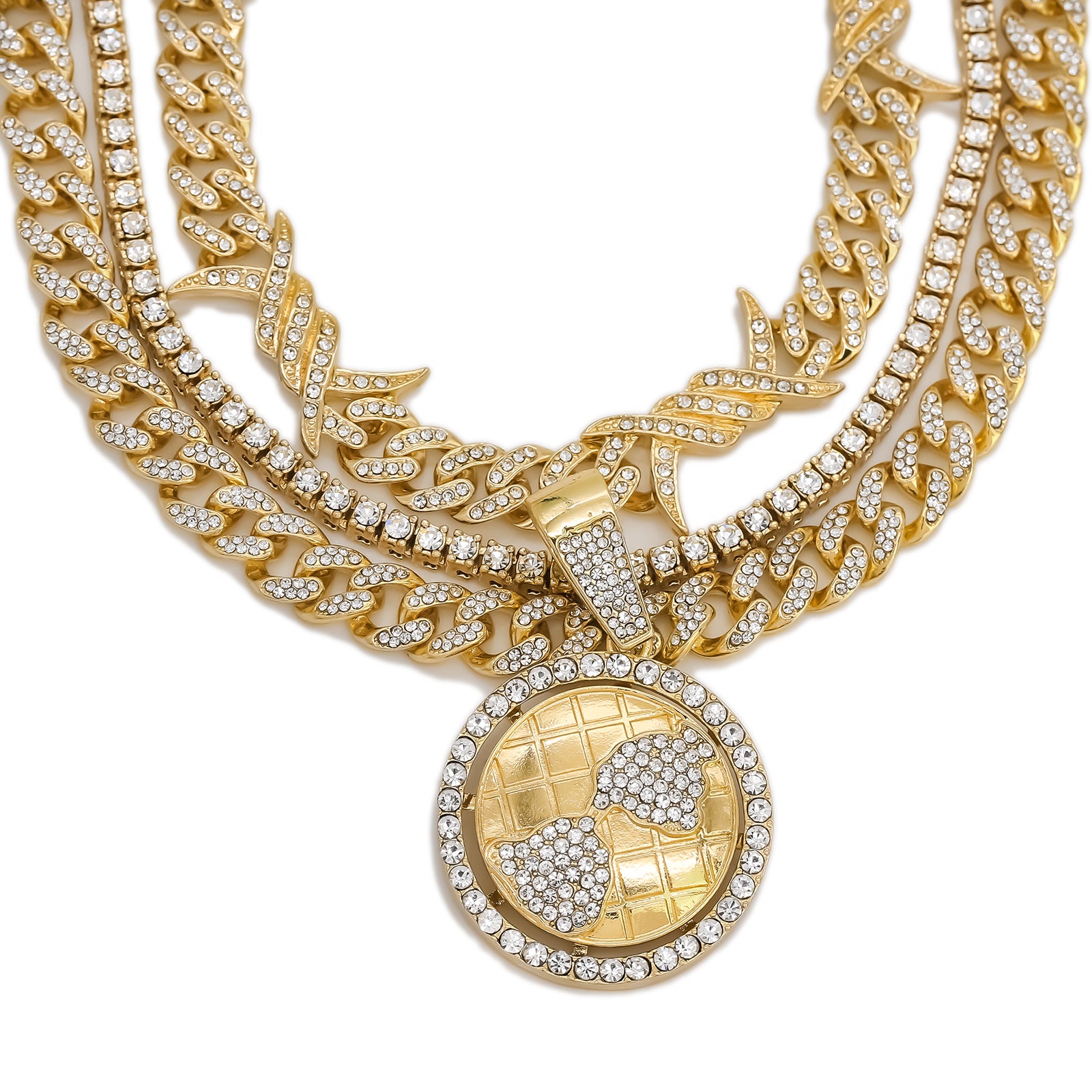 World Spinner Cz 4 Pcs Set Barb Wire Spike Chain, Tennis Chain & Miami Cuban Chain Bundle Gold PT
