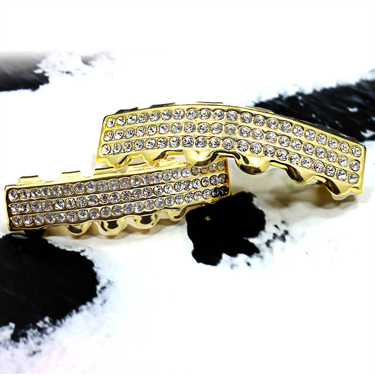 3 ROW 18k GOLD FULLY ICED TOP & BOTTOM GRILLZ