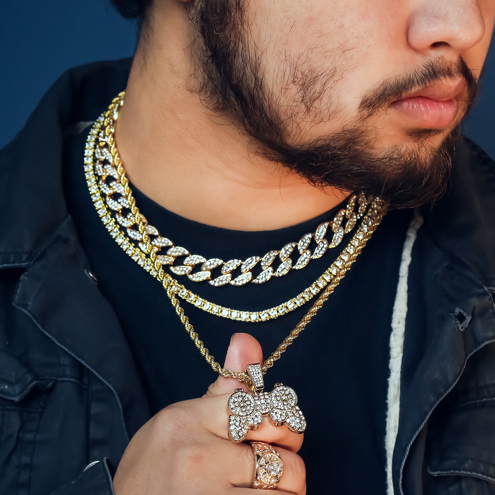 Controller 4 Pcs Set Clear Cz Cuban, Tennis & Rope Chain Bundle Gold PT