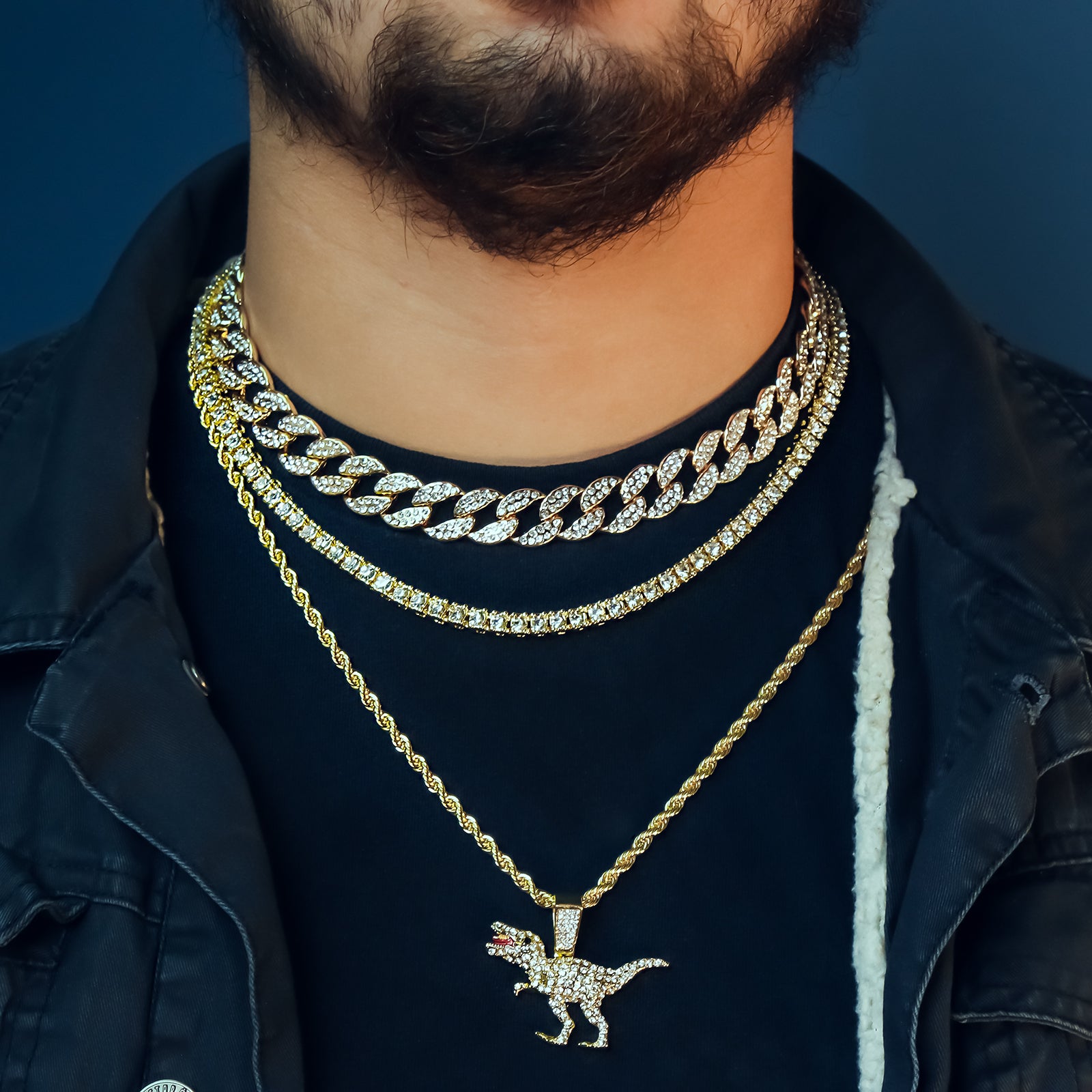T-rex 4 Pcs Set Clear Cz Cuban, Tennis & Rope Chain Bundle Gold PT