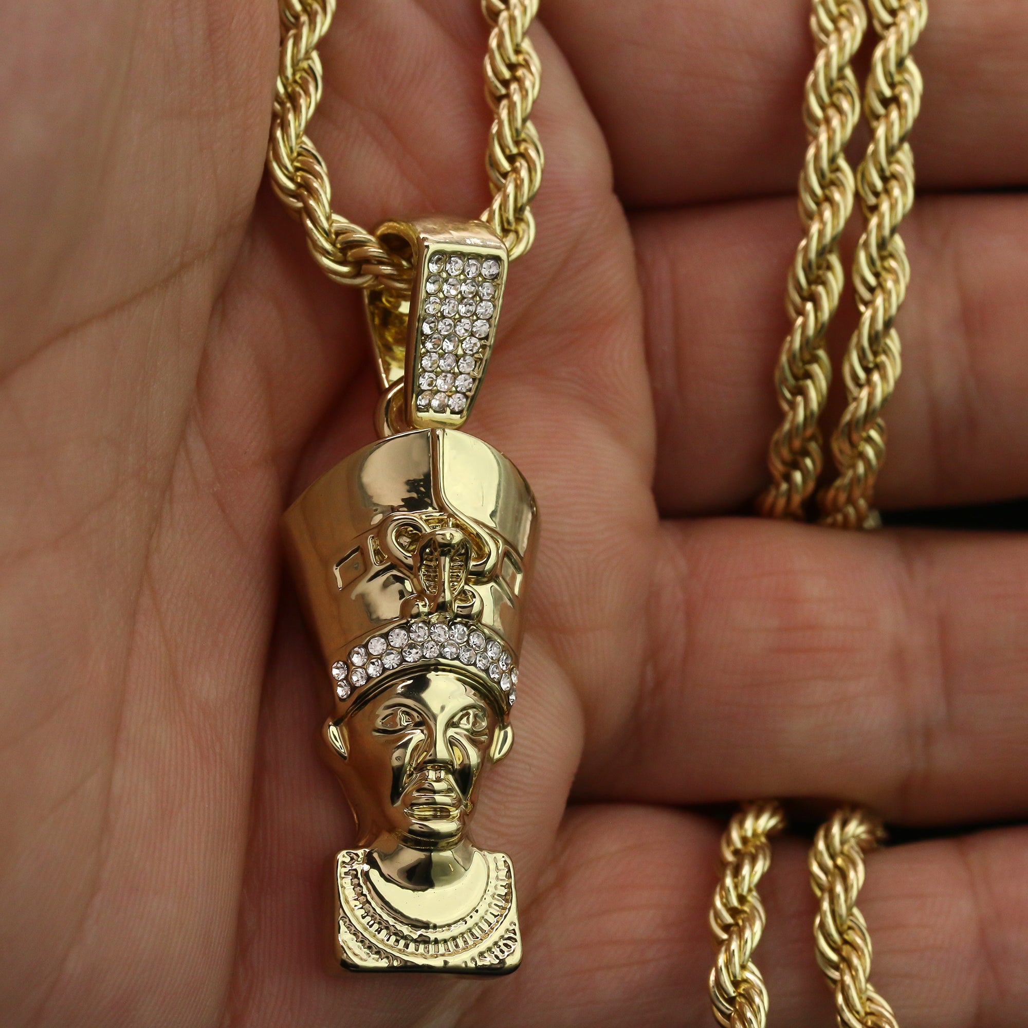 Cz Egyptian Nefertiti Pendant 24" Rope Chain Hip Hop 18k Jewelry Necklace