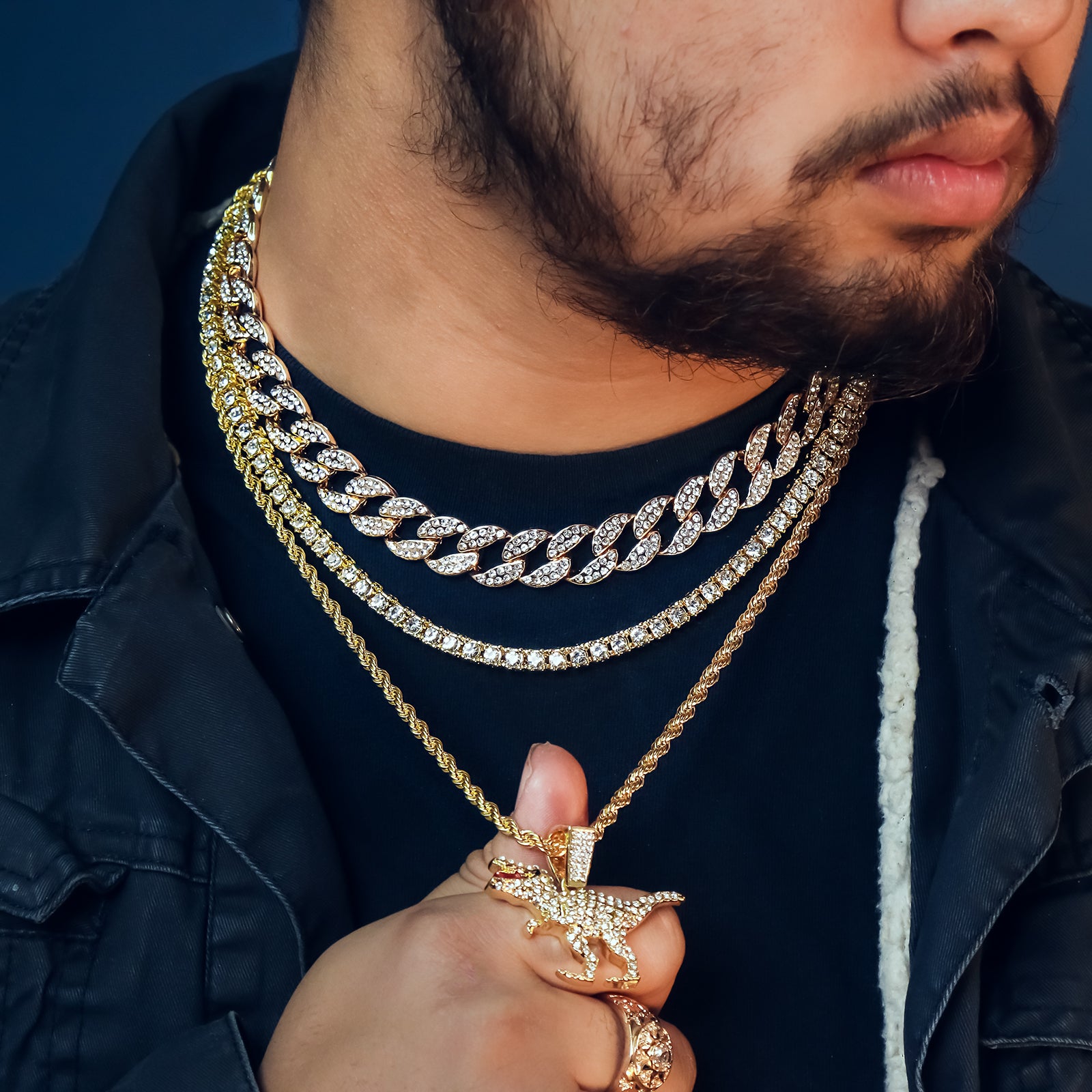 T-rex 4 Pcs Set Clear Cz Cuban, Tennis & Rope Chain Bundle Gold PT