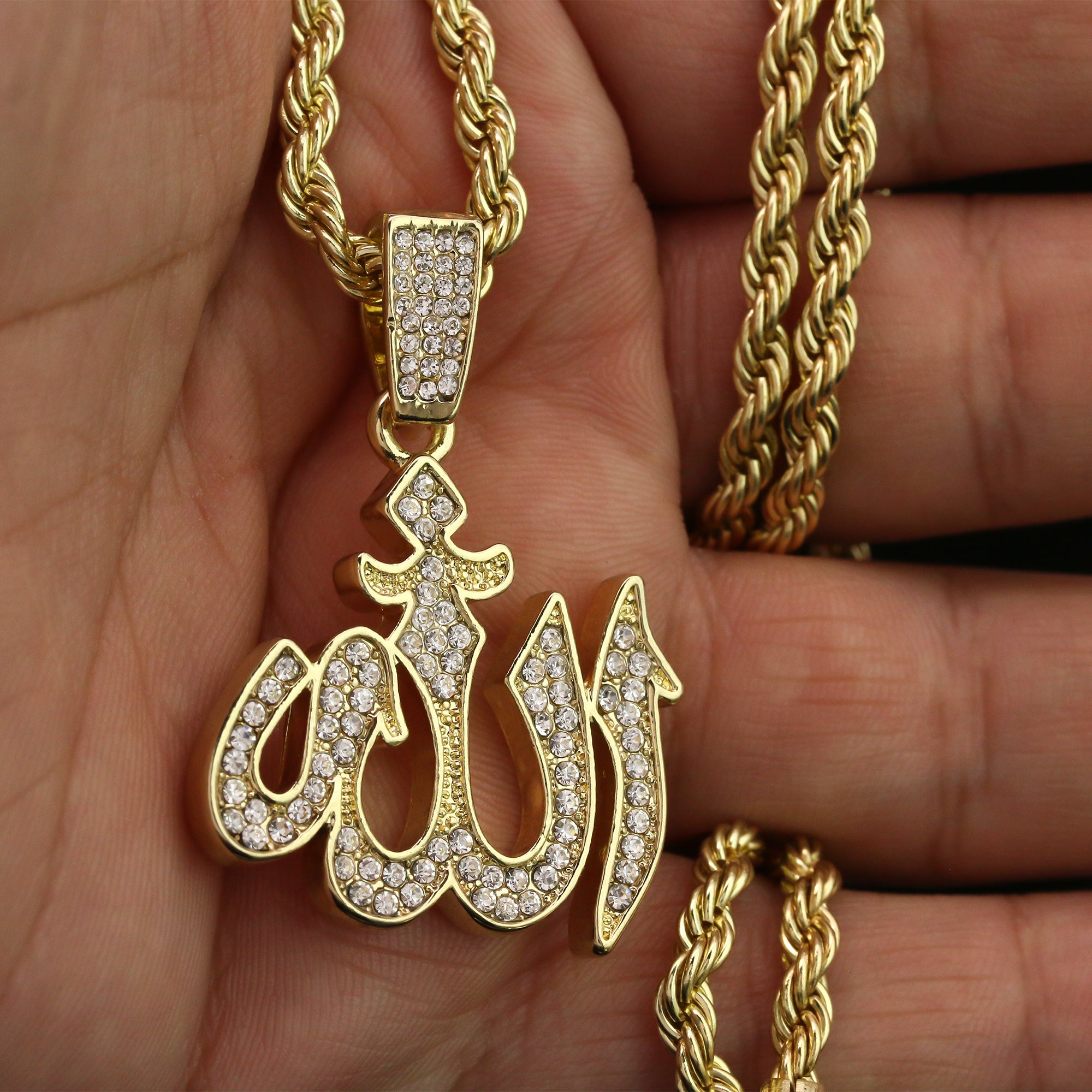 Cz Allah Pendant 24" Rope Chain Hip Hop 18k Jewelry Necklace