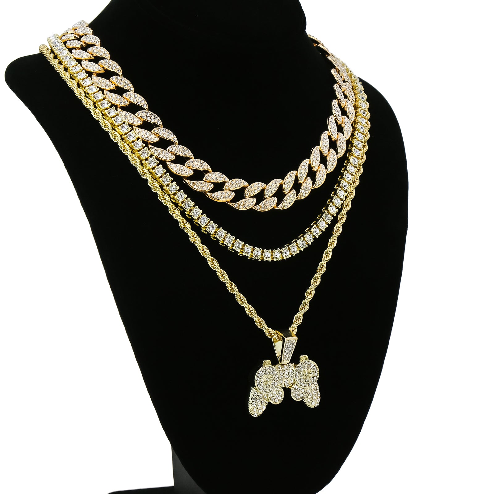 Controller 4 Pcs Set Clear Cz Cuban, Tennis & Rope Chain Bundle Gold PT