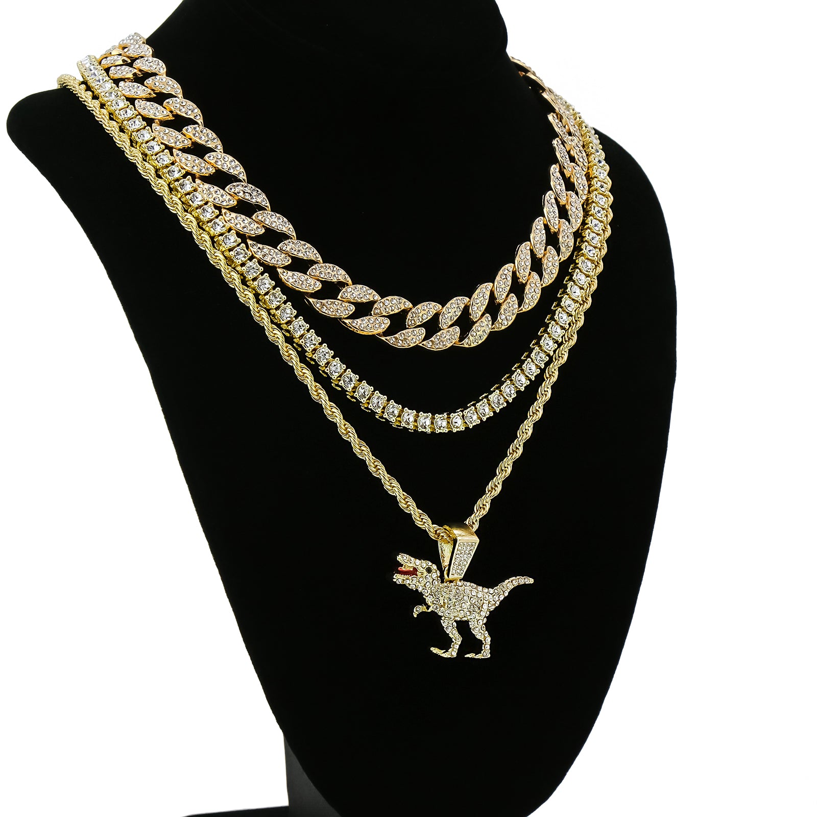 T-rex 4 Pcs Set Clear Cz Cuban, Tennis & Rope Chain Bundle Gold PT