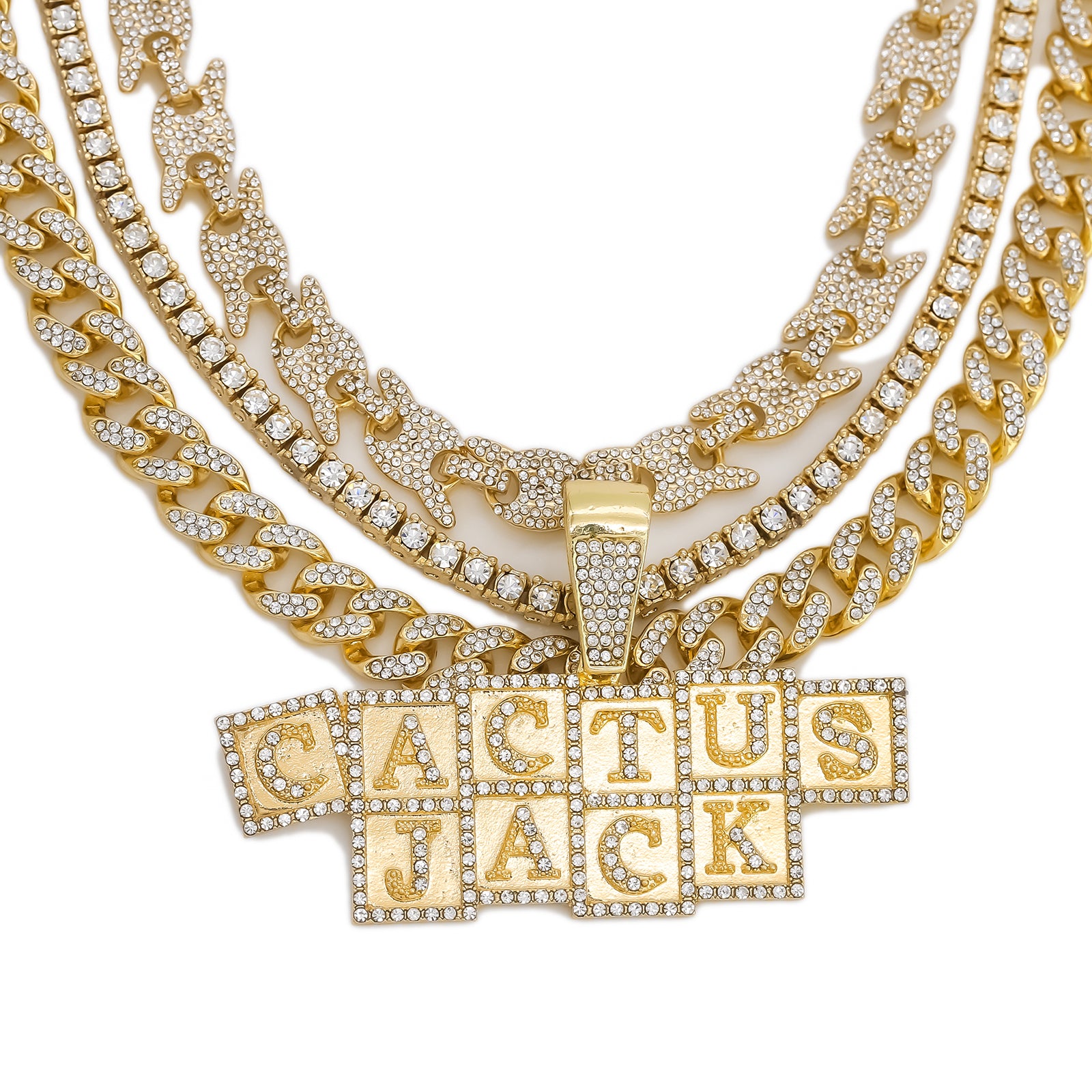Cactus Cubes letter Cz 4 Pcs Set Puffy Mariner Spike Chain, Tennis Chain & Miami Cuban Chain Bundle Gold PT