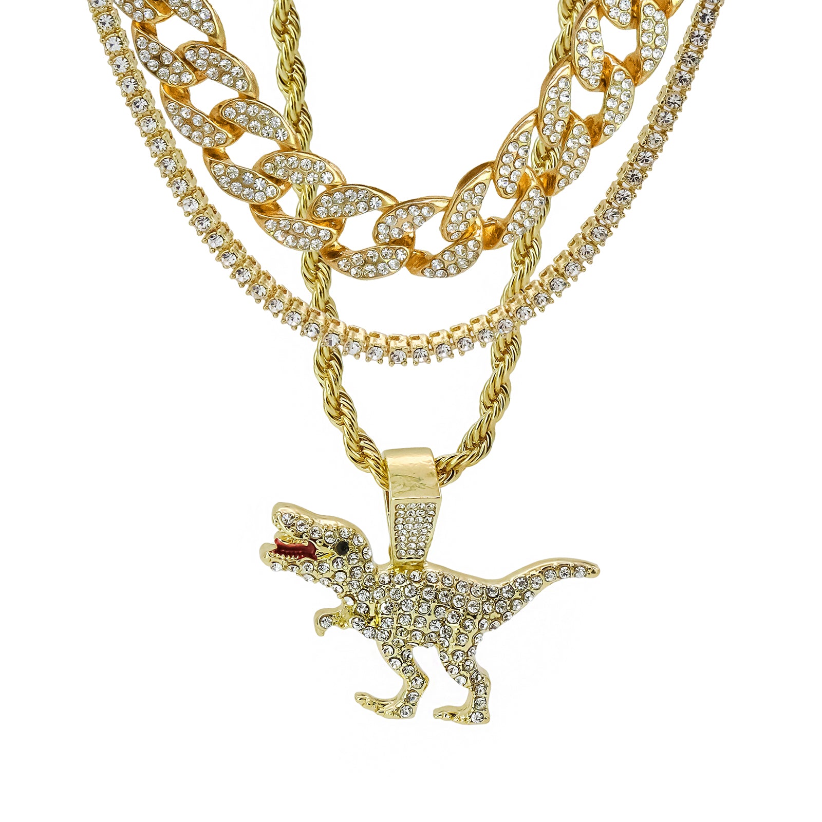 T-rex 4 Pcs Set Clear Cz Cuban, Tennis & Rope Chain Bundle Gold PT