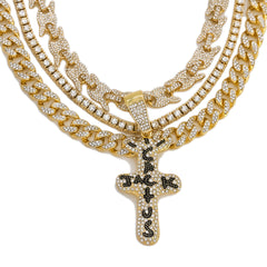 Cactus Cross Cz 4 Pcs Set Puffy Mariner Spike Chain, Tennis Chain & Miami Cuban Chain Bundle Gold PT