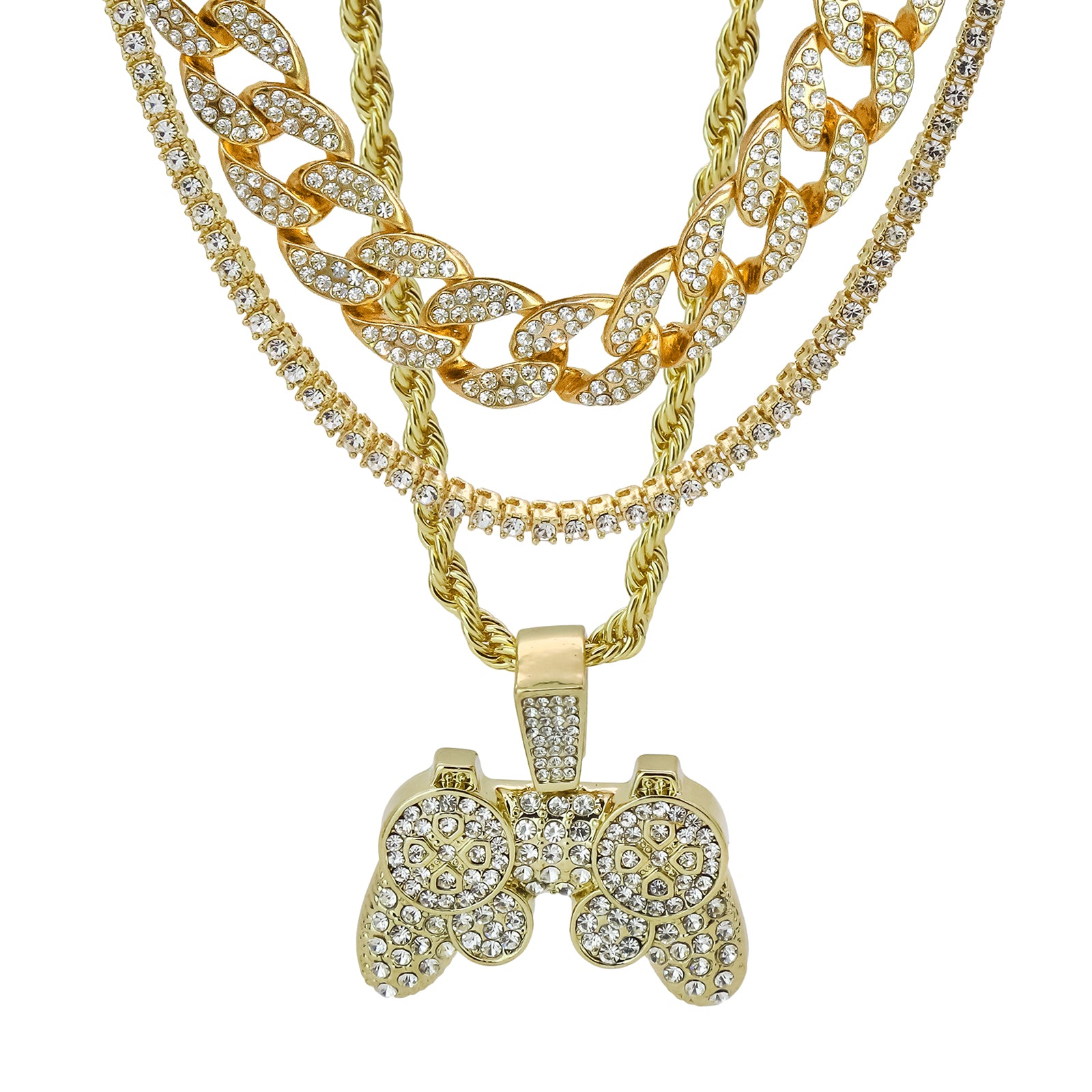 Controller 4 Pcs Set Clear Cz Cuban, Tennis & Rope Chain Bundle Gold PT