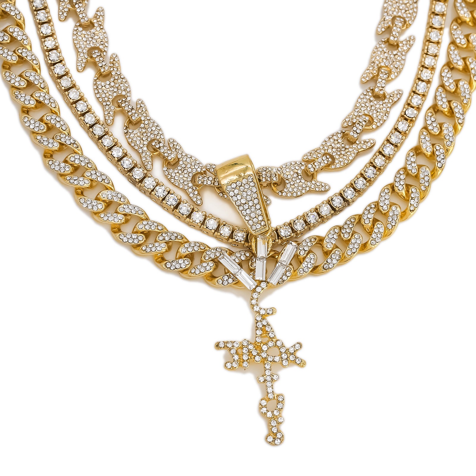 Cactus letter Cross Cz 4 Pcs Set Puffy Mariner Spike Chain, Tennis Chain & Miami Cuban Chain Bundle Gold PT