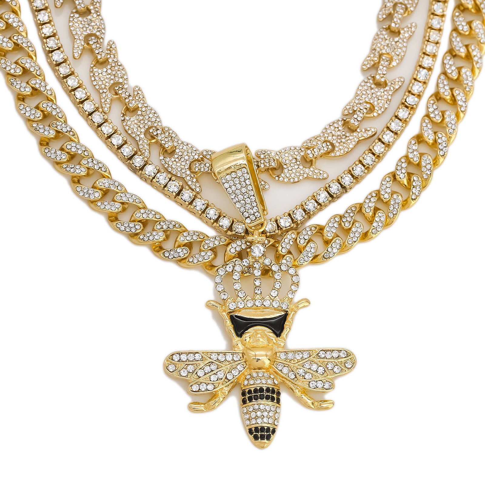 Crown Bee Cz 4 Pcs Set Puffy Mariner Spike Chain, Tennis Chain & Miami Cuban Chain Bundle Gold PT