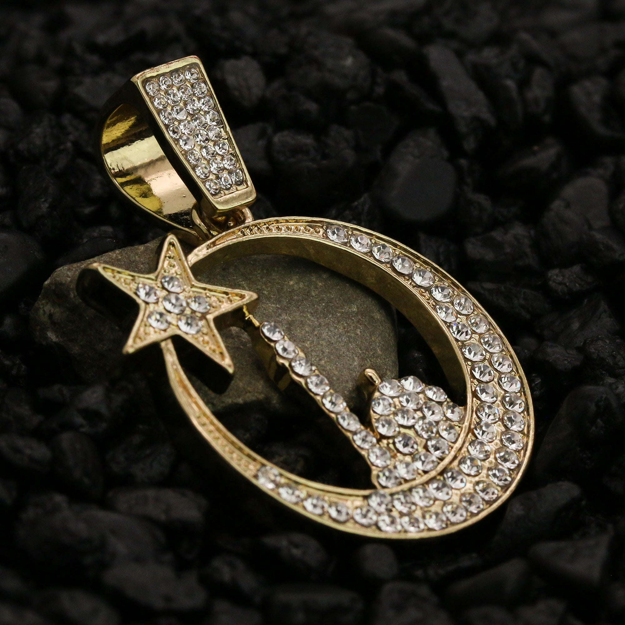 Cz Half Moon Star Pendant 24" Rope Chain Hip Hop 18k Jewelry Necklace