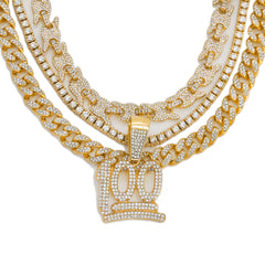 100 Emoji Cz 4 Pcs Set Puffy Mariner Spike Chain, Tennis Chain & Miami Cuban Chain Bundle Gold PT
