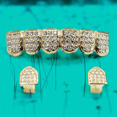 18k GOLD FULLY ICED TOP & SINGLE TOOTH BOTTOM GRILLZ AR