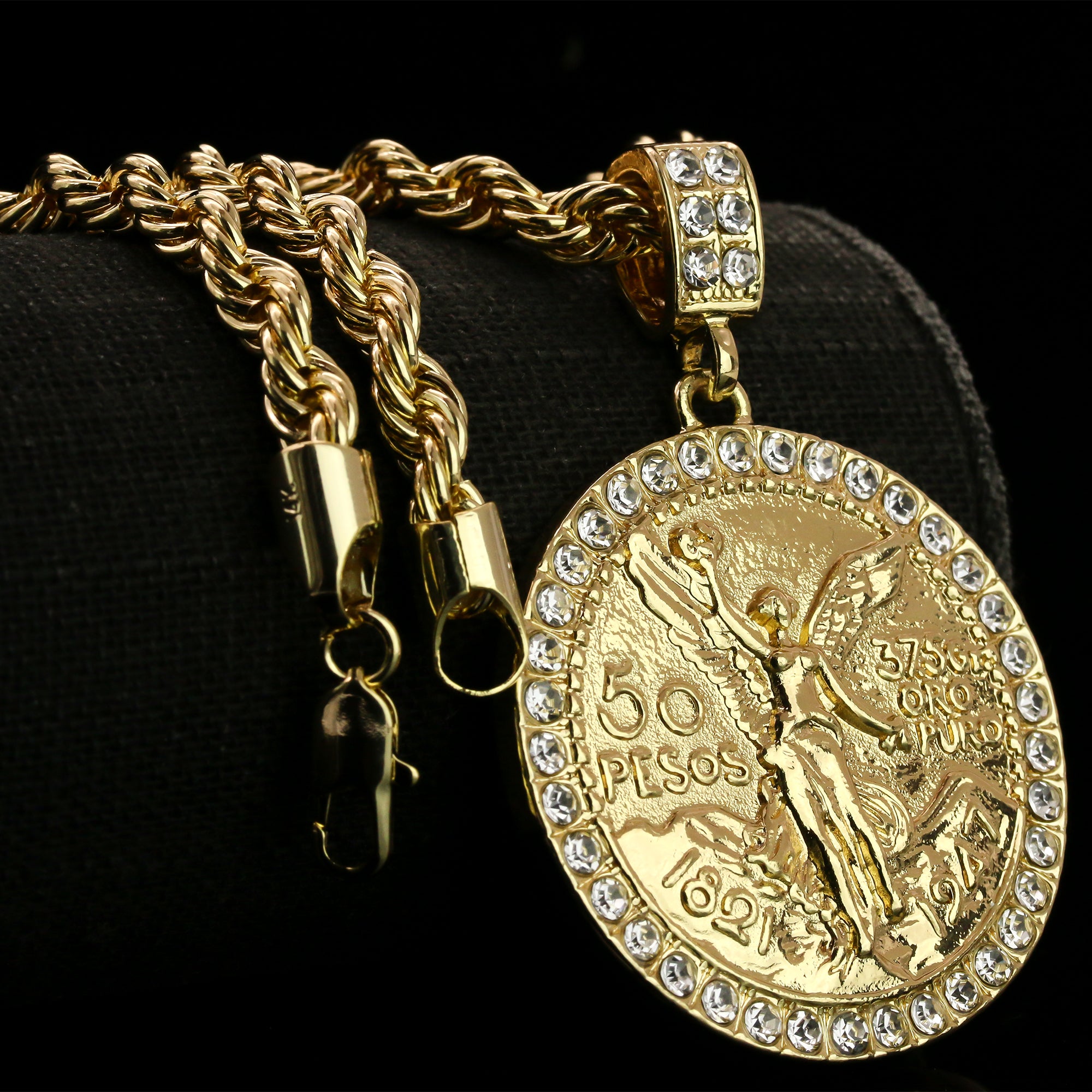 Iced Centenario 50 Pesos Pendant 20" Rope Chain Hip Hop 14k Jewelry Necklace