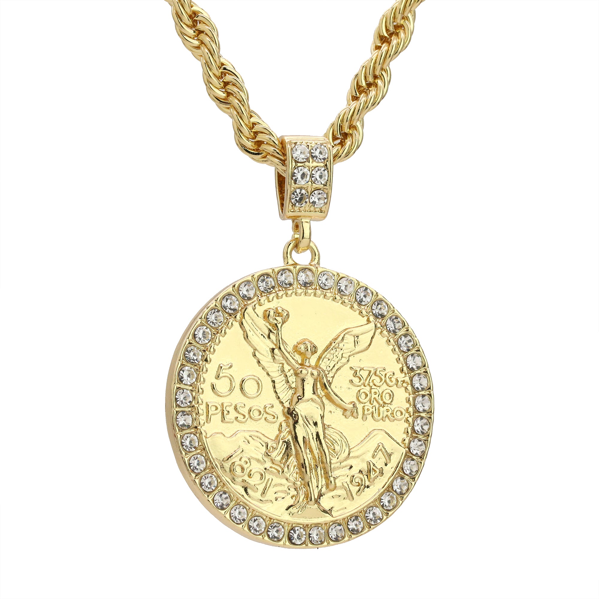 Iced Centenario 50 Pesos Pendant 20" Rope Chain Hip Hop 14k Jewelry Necklace