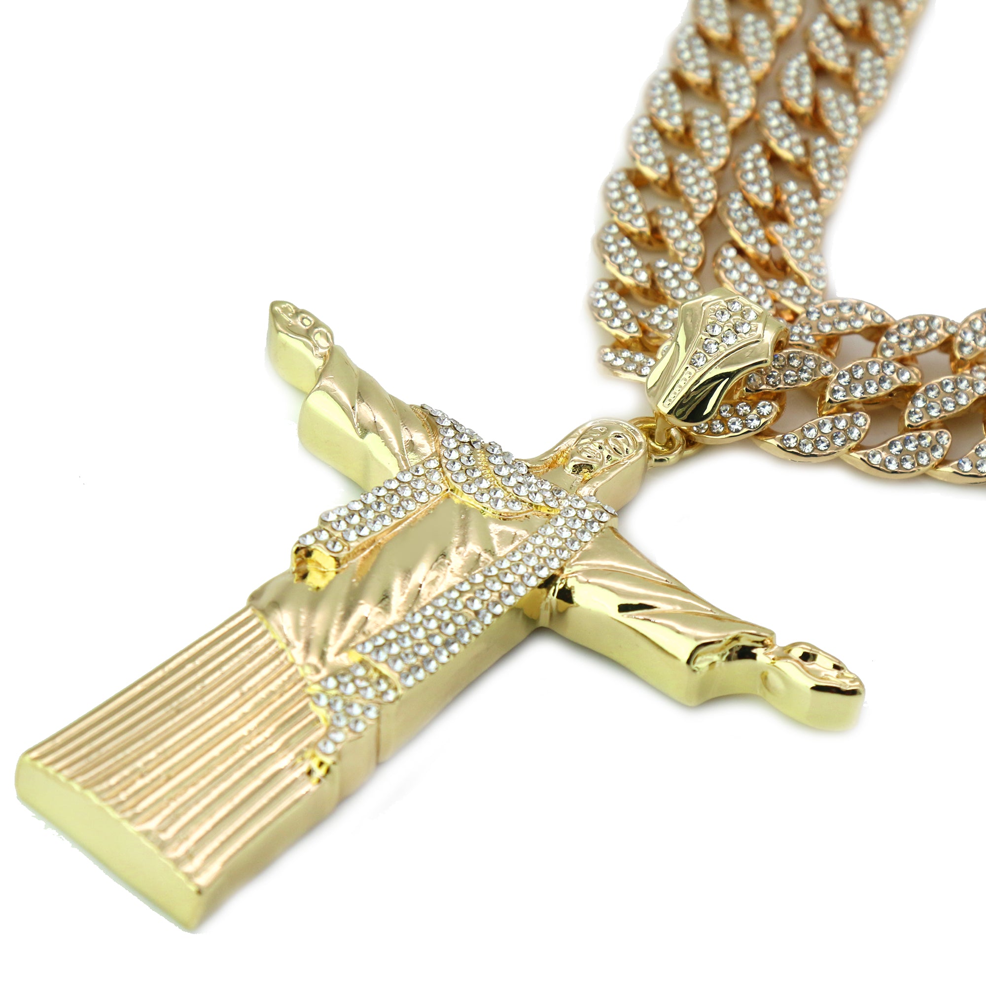 Cz Christ The Redeemer Large Jesus Pendant Gold Plated 18, 20" Fully Cz Cuban Chain