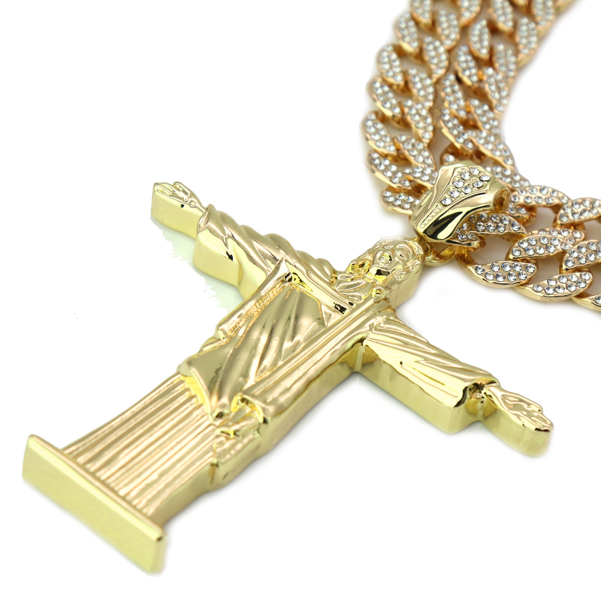 3pc Christ The Redeemer Large Jesus Pendant Gold Plated 18, 20" Fully Cz Cuban Chain