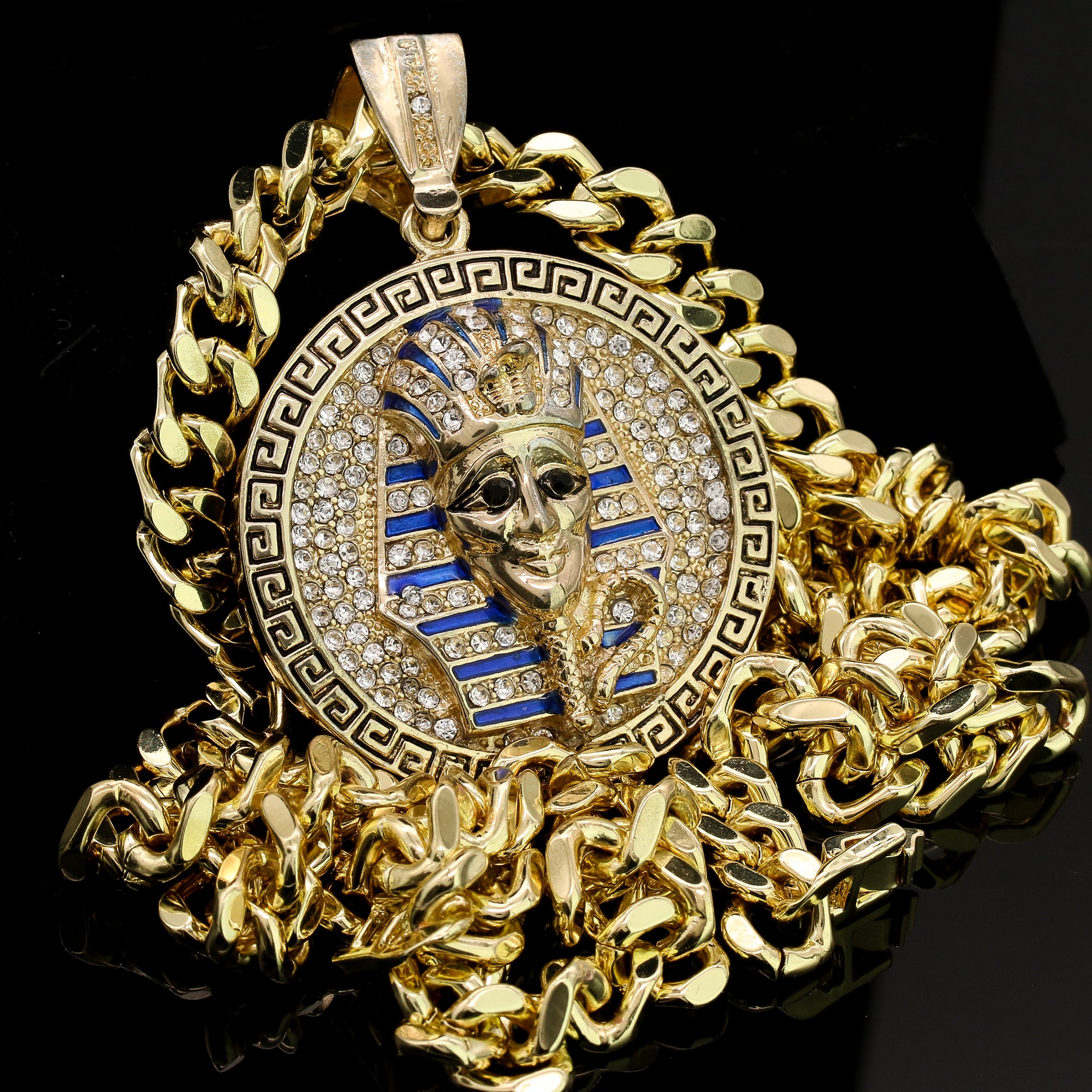 Men's Gold Plated Hip-Hop XL Cz Round Pharaoh Cuban 10mm 30 & Bracelet 3pc Set