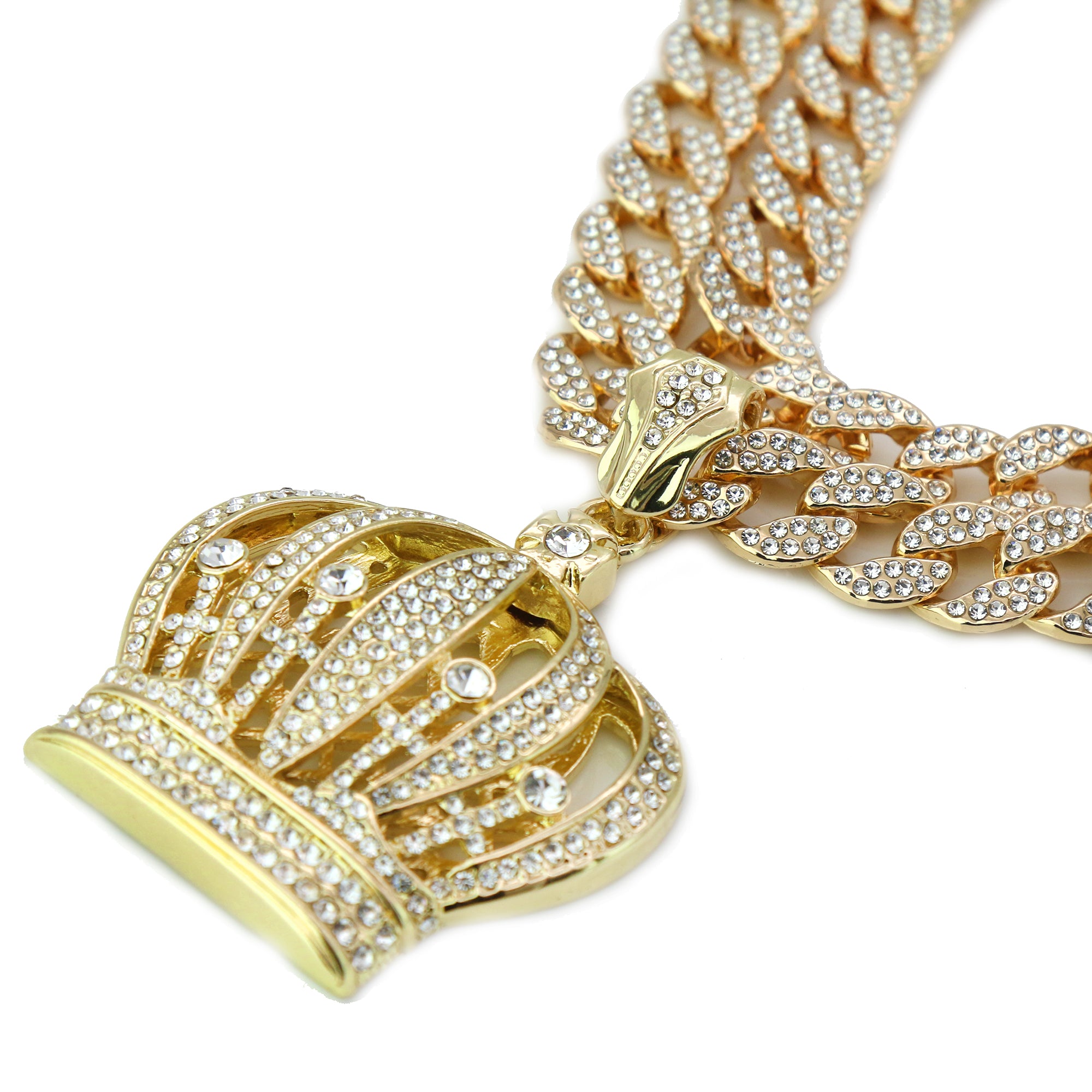 3pc Cz Large Queen Crown Pendant Gold Plated 18, 20" Fully Cz Cuban Choker Chain