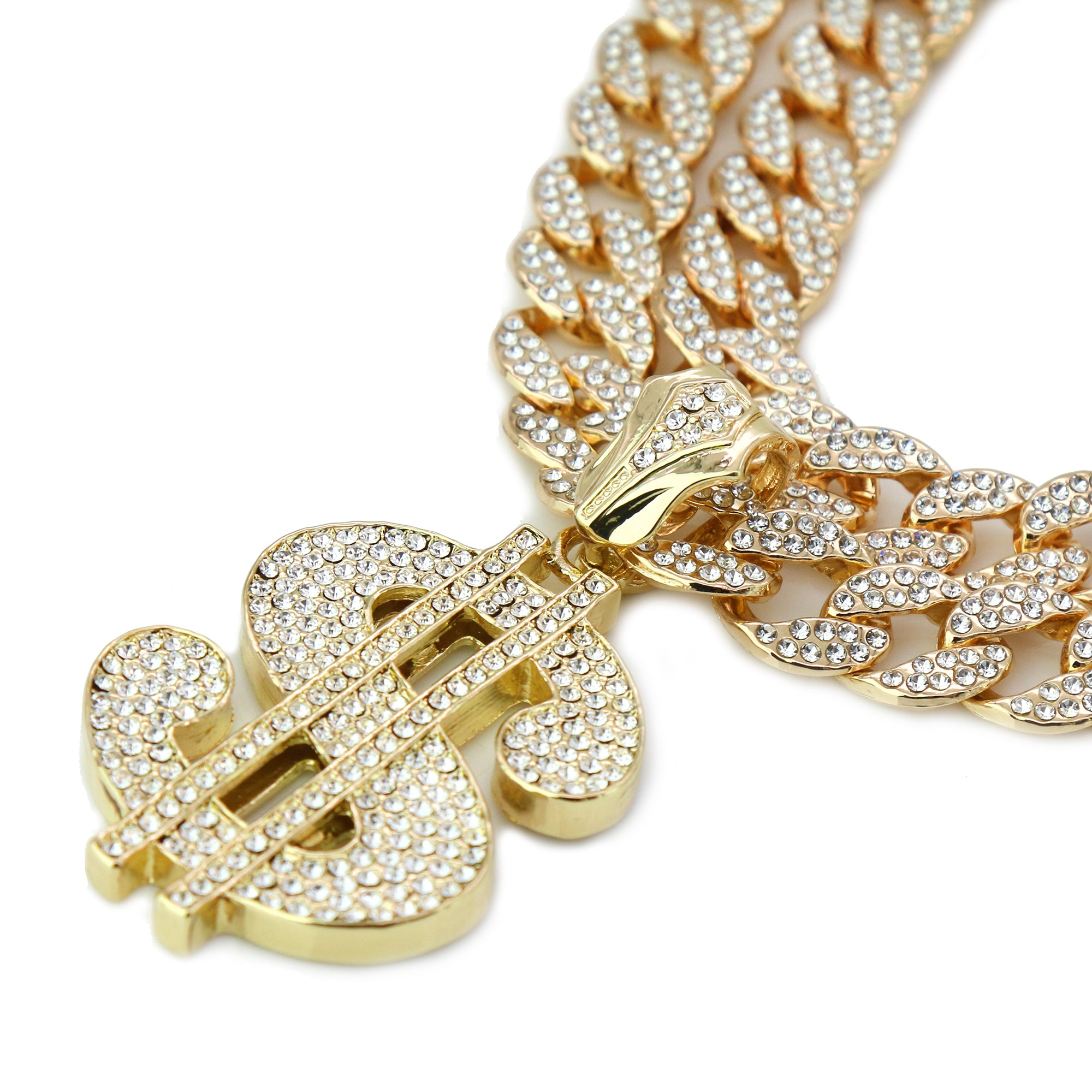 3pc Cz Large Money Sign Pendant Gold Plated 18, 20" Fully Cz Cuban Choker Chain