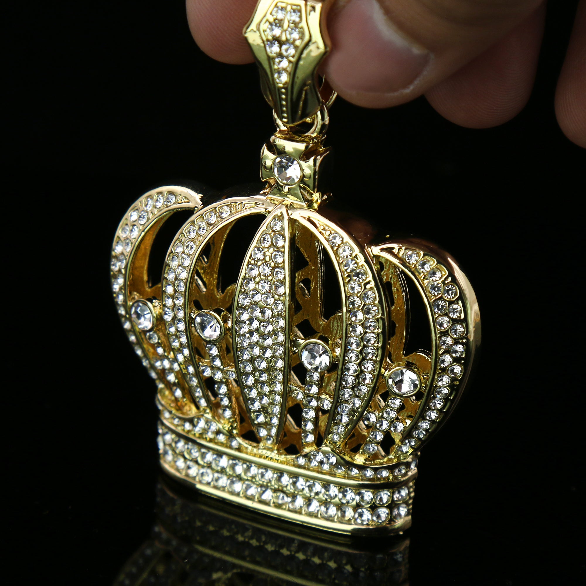 3pc Cz Large Queen Crown Pendant Gold Plated 18, 20" Fully Cz Cuban Choker Chain