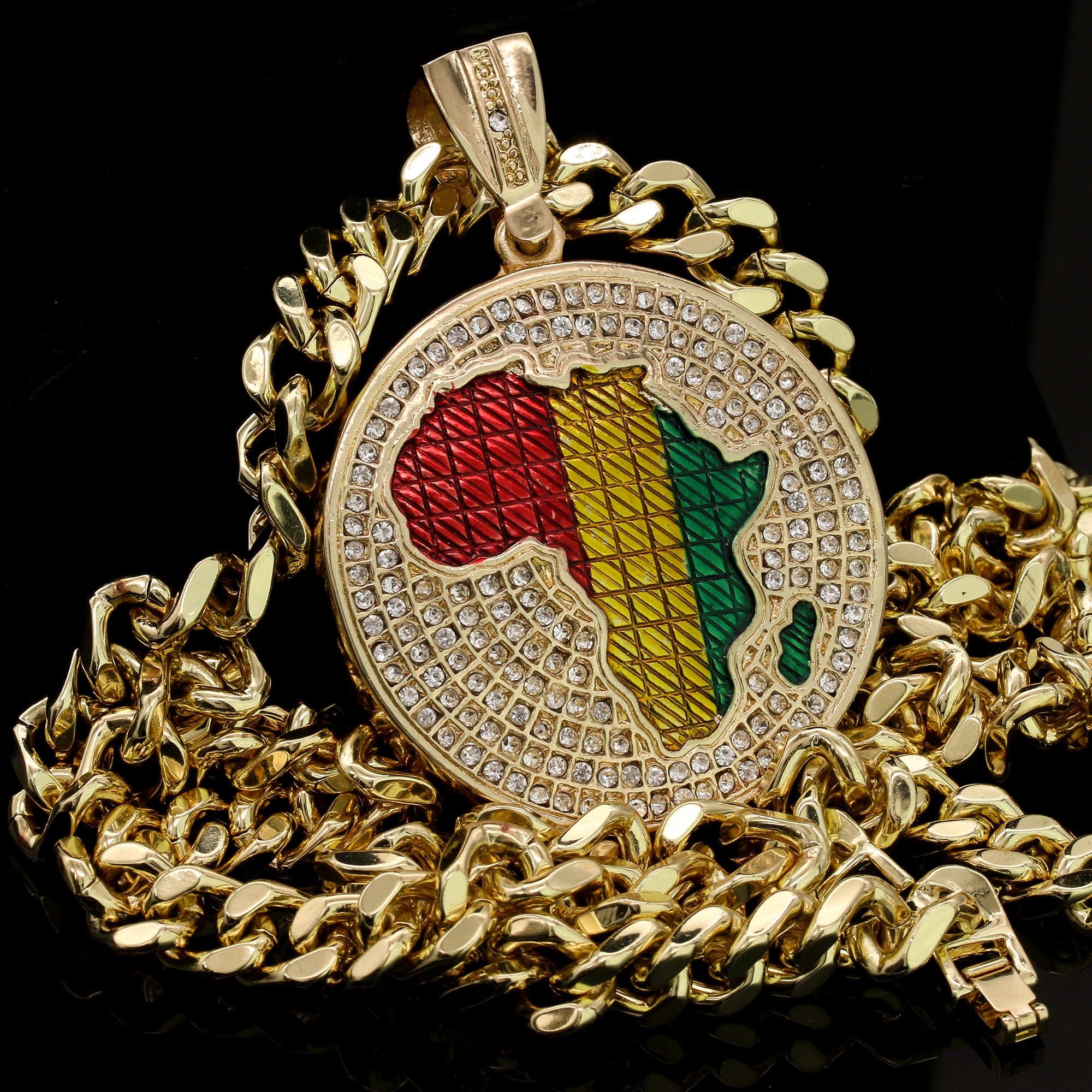 Men's Gold Pl Hip-Hop XL Cz Round Africa Rasta Cuban 10mm 30 & Bracelet 3pc Set