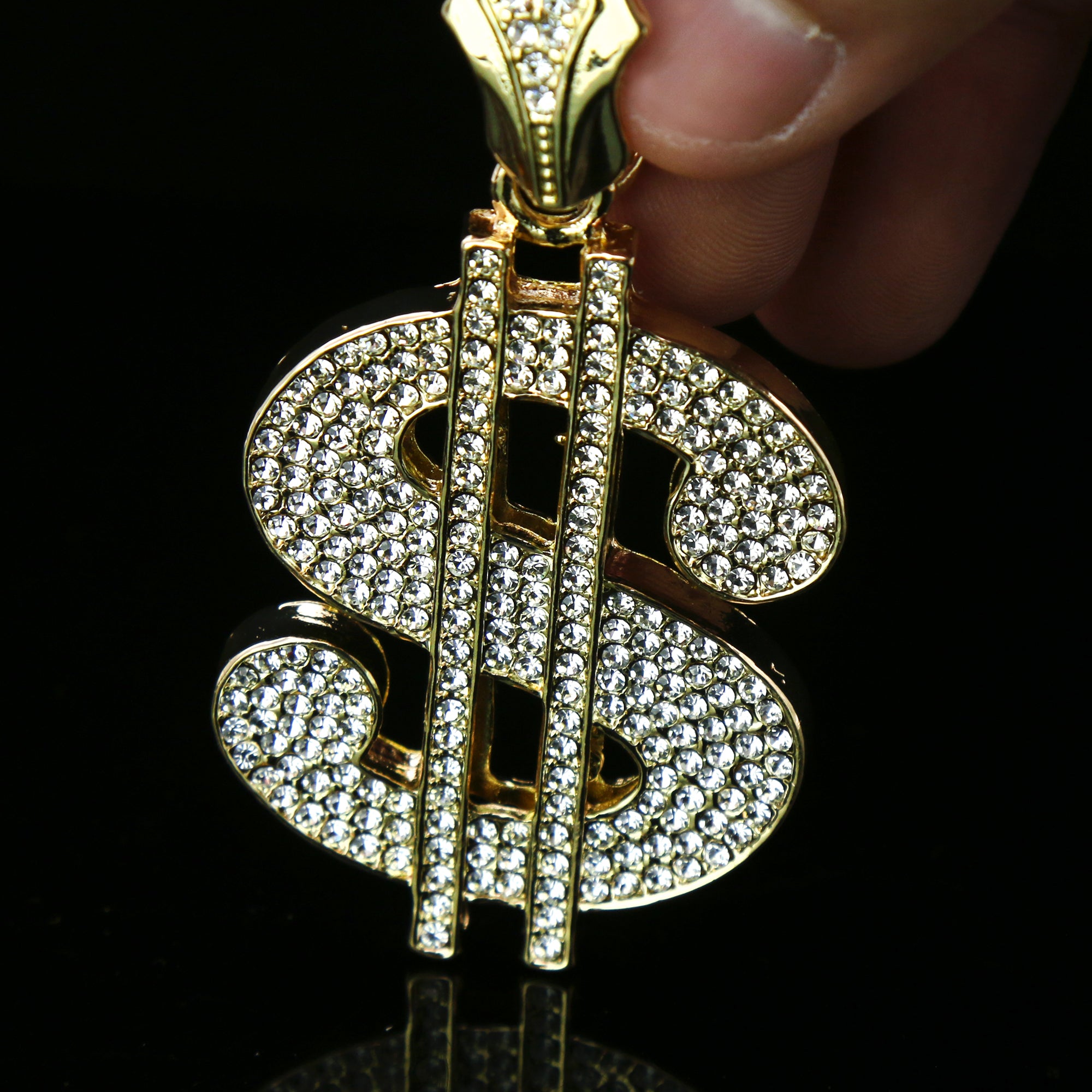 3pc Cz Large Money Sign Pendant Gold Plated 18, 20" Fully Cz Cuban Choker Chain