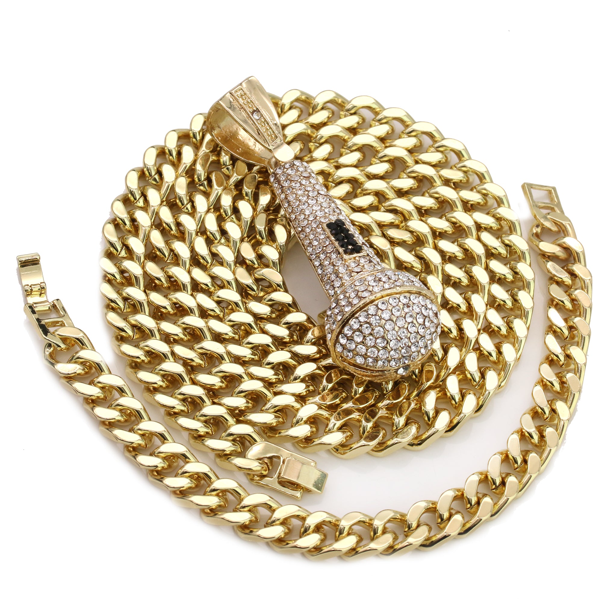 Men's Gold Plated Hip-Hop XL Fully Cz Microphone Cuban 10mm 30 & Bracelet 3pc Set