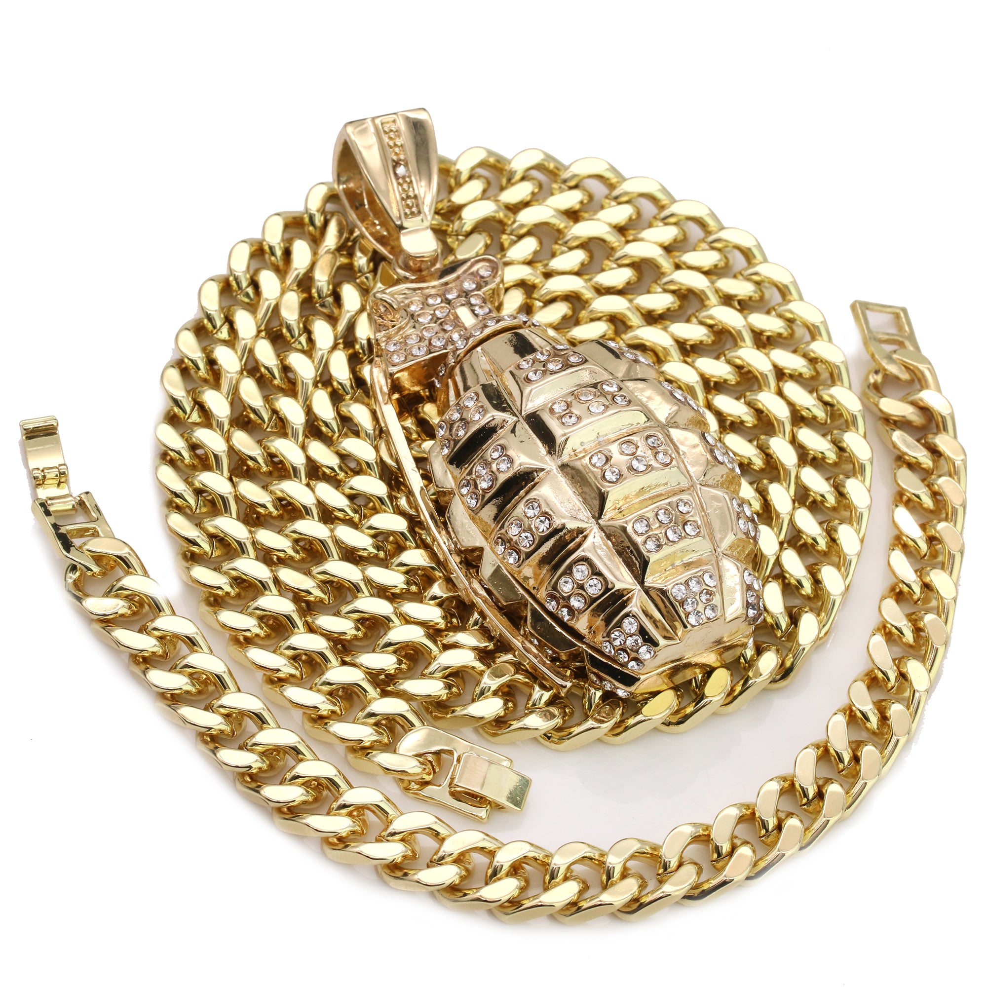 Men's Gold Plated Hip-Hop XL Cz Hand Grenade Cuban 10mm 30 & Bracelet 3pc Set