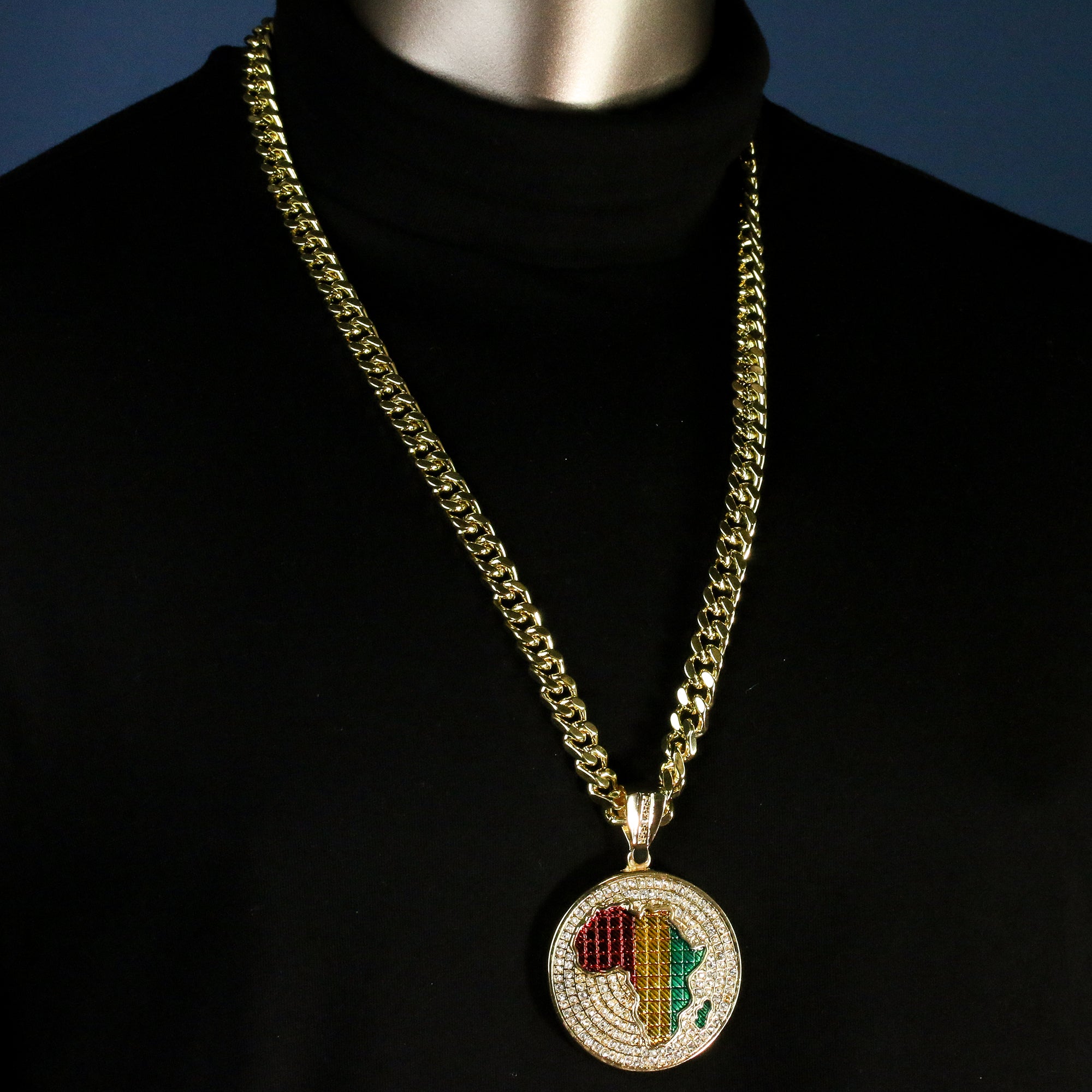 Men's Gold Pl Hip-Hop XL Cz Round Africa Rasta Cuban 10mm 30 & Bracelet 3pc Set