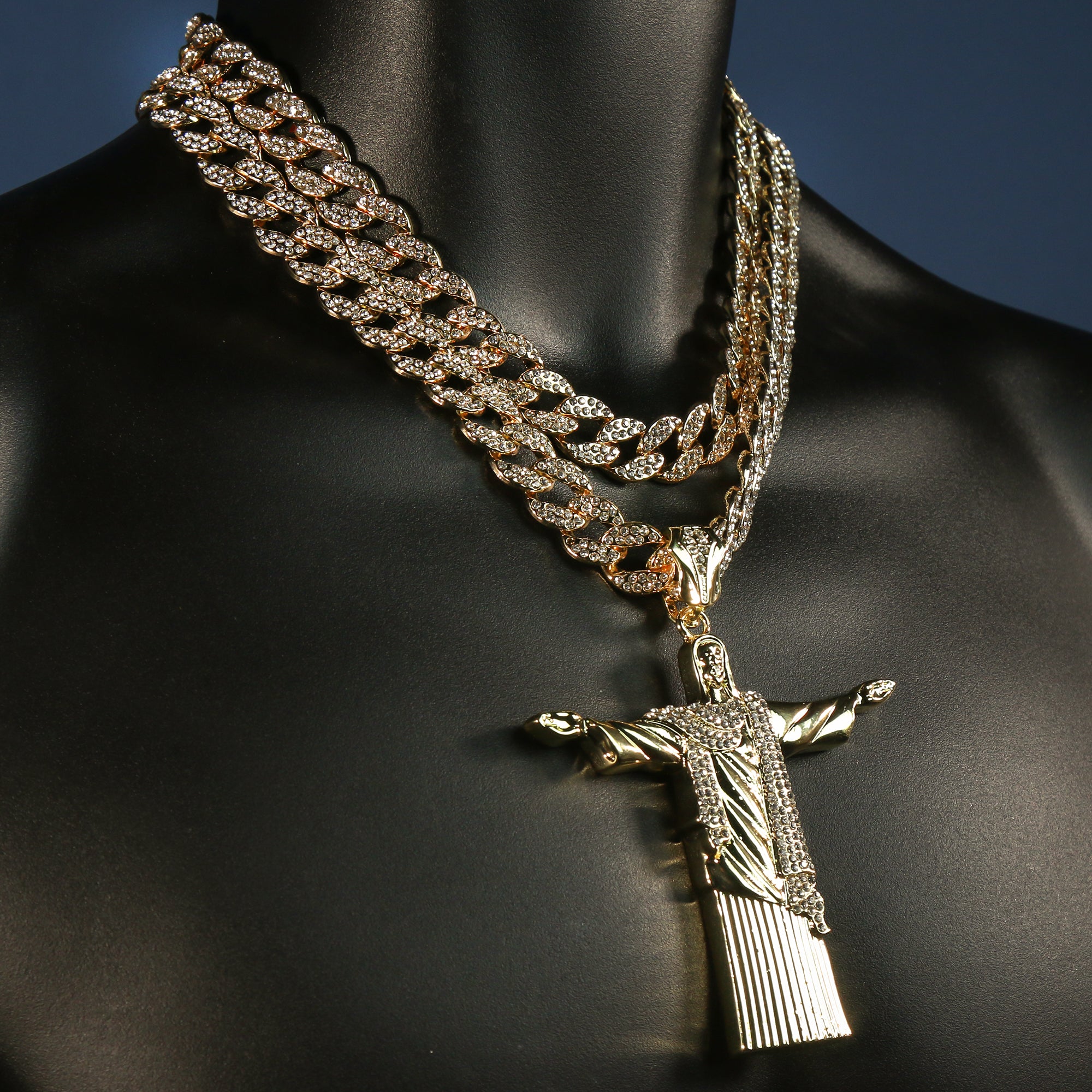 Cz Christ The Redeemer Large Jesus Pendant Gold Plated 18, 20" Fully Cz Cuban Chain