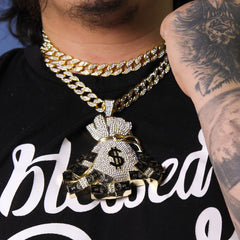 3PC XXL Money Bag Pendant & Iced Cuban Chain Set 18"/20" – Hip Hop Bling