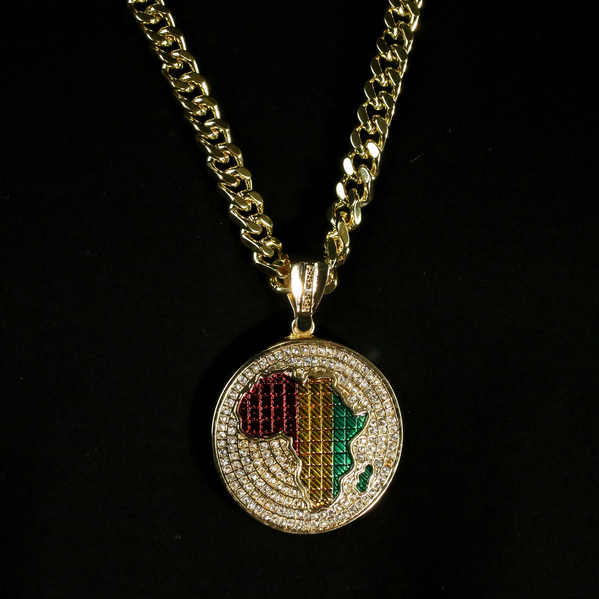 Men's Gold Pl Hip-Hop XL Cz Round Africa Rasta Cuban 10mm 30 & Bracelet 3pc Set
