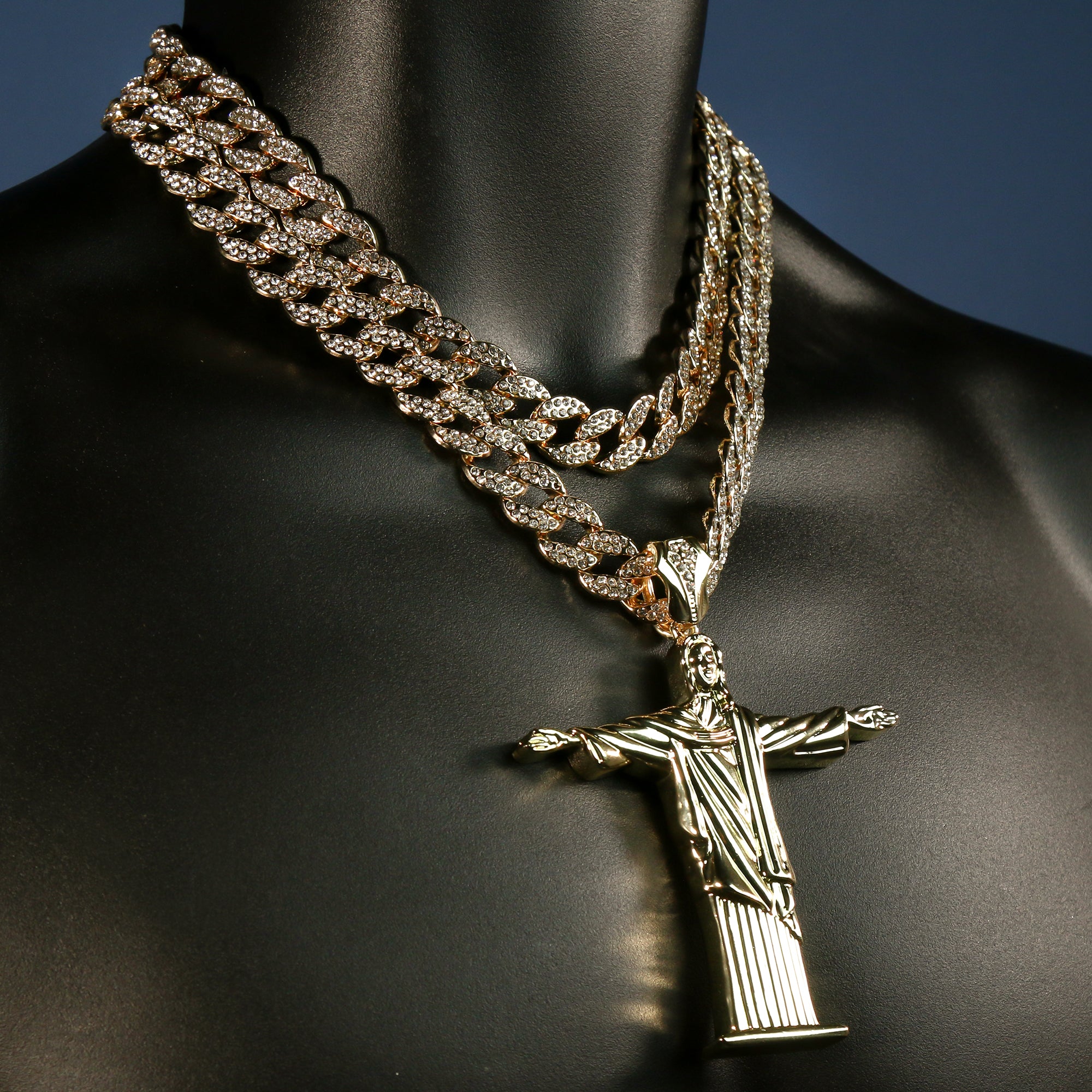 3pc Christ The Redeemer Large Jesus Pendant Gold Plated 18, 20" Fully Cz Cuban Chain