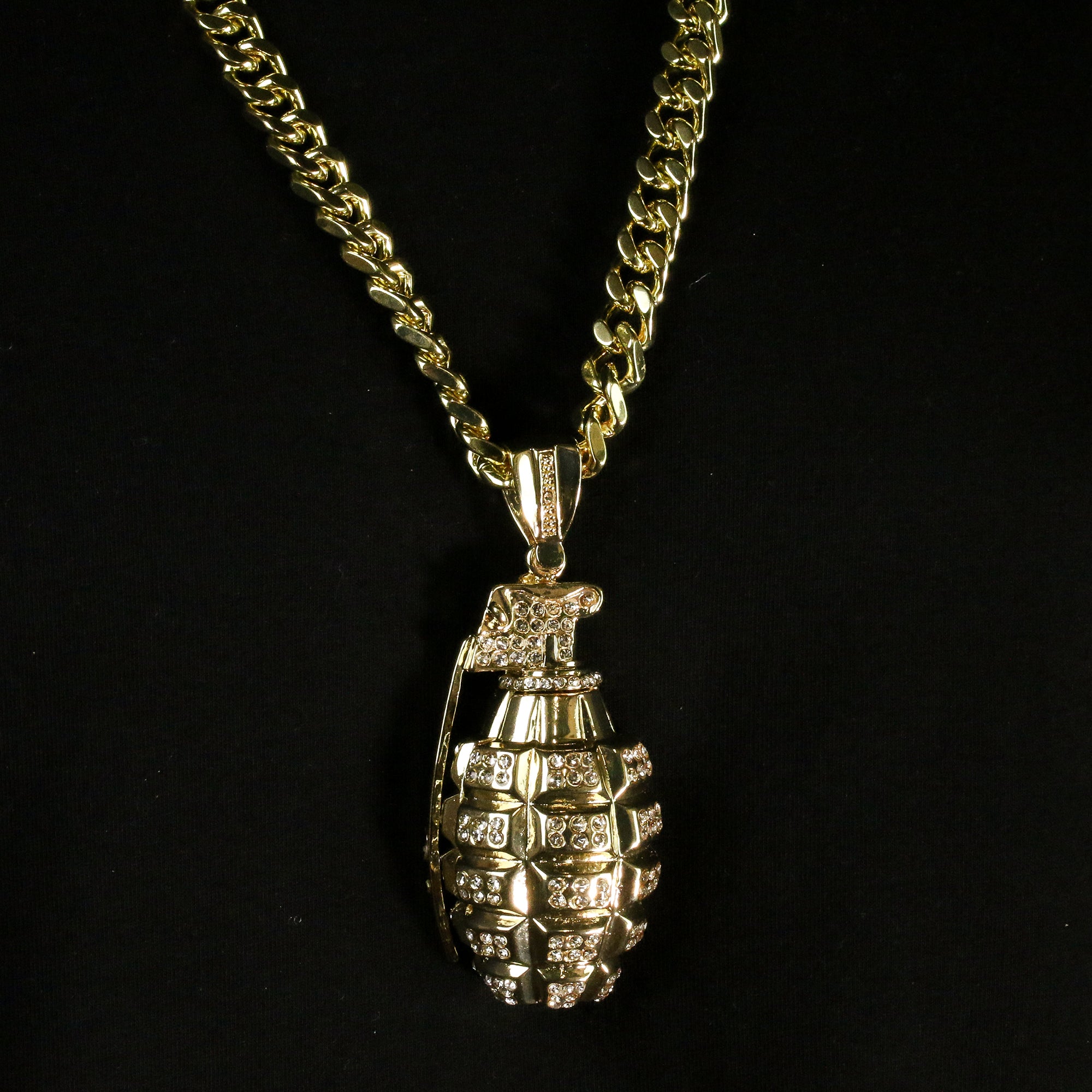 Men's Gold Plated Hip-Hop XL Cz Hand Grenade Cuban 10mm 30 & Bracelet 3pc Set