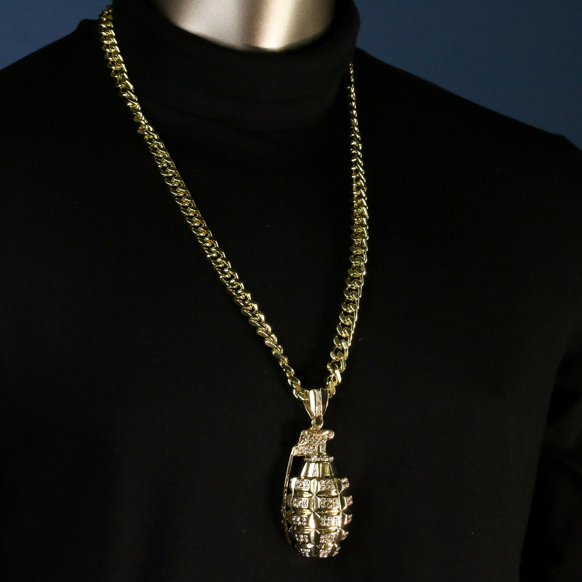 Men's Gold Plated Hip-Hop XL Cz Hand Grenade Cuban 10mm 30 & Bracelet 3pc Set