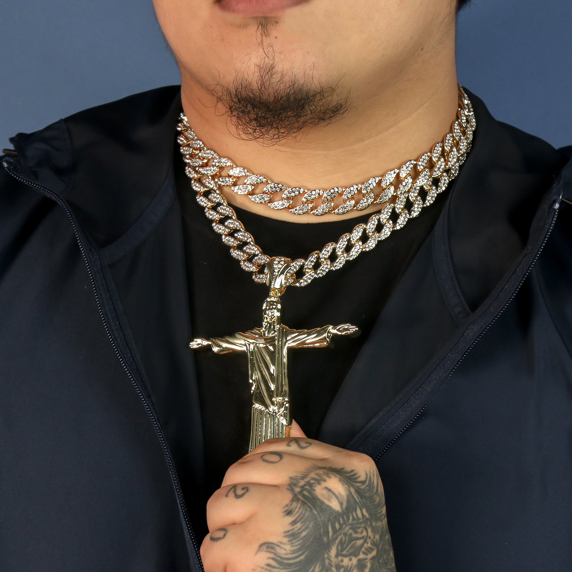 3pc Christ The Redeemer Large Jesus Pendant Gold Plated 18, 20" Fully Cz Cuban Chain