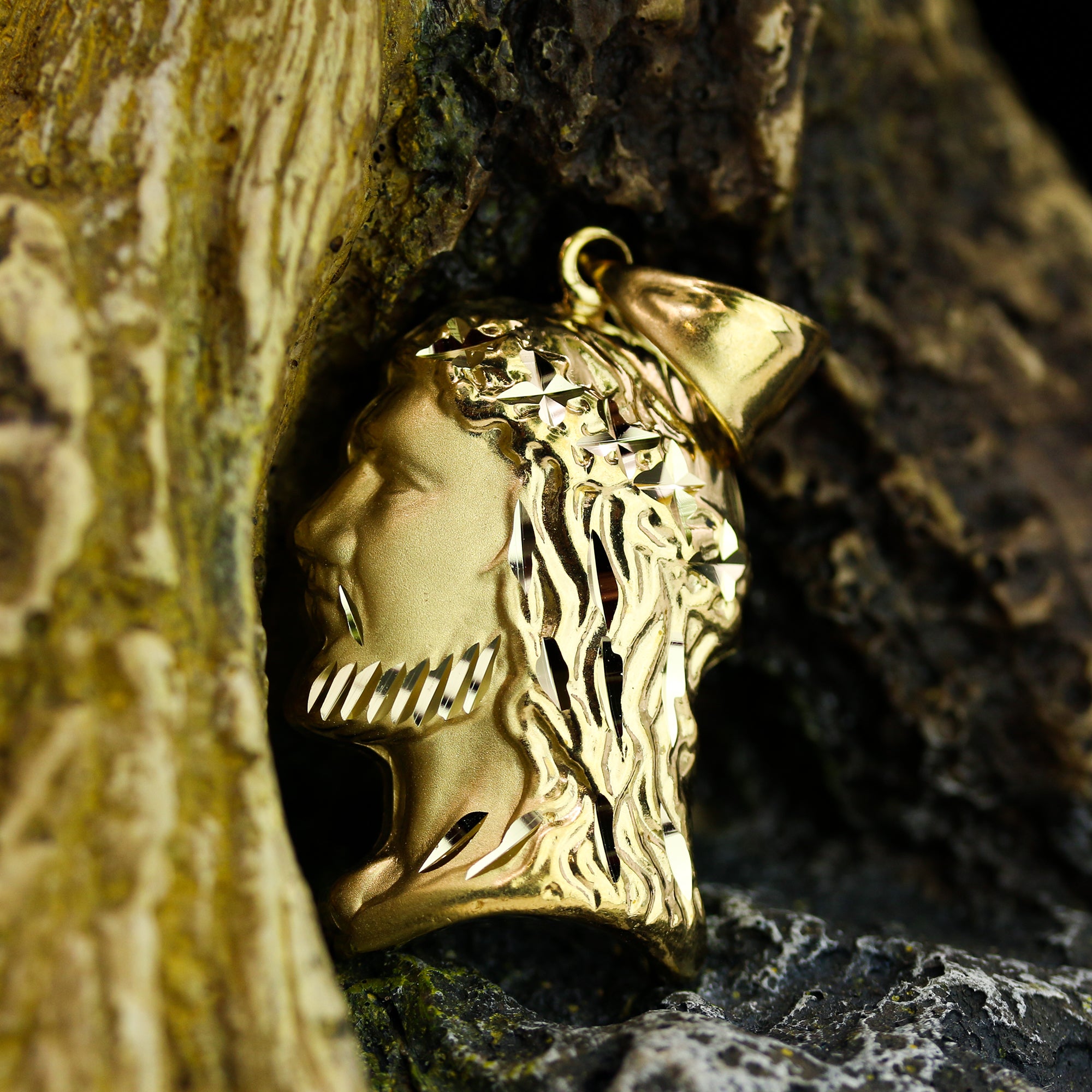 Jesus Curly Hair Diamond Cut Pendant Cuban / Franco Choker Chain 14k Gold Plated