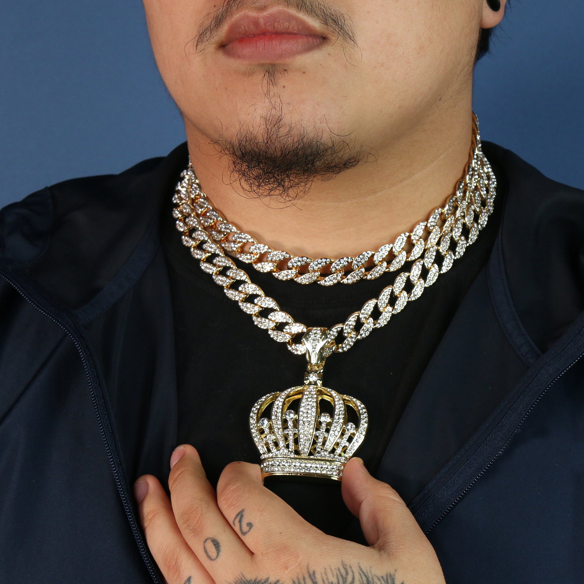 3pc Cz Large Queen Crown Pendant Gold Plated 18, 20" Fully Cz Cuban Choker Chain