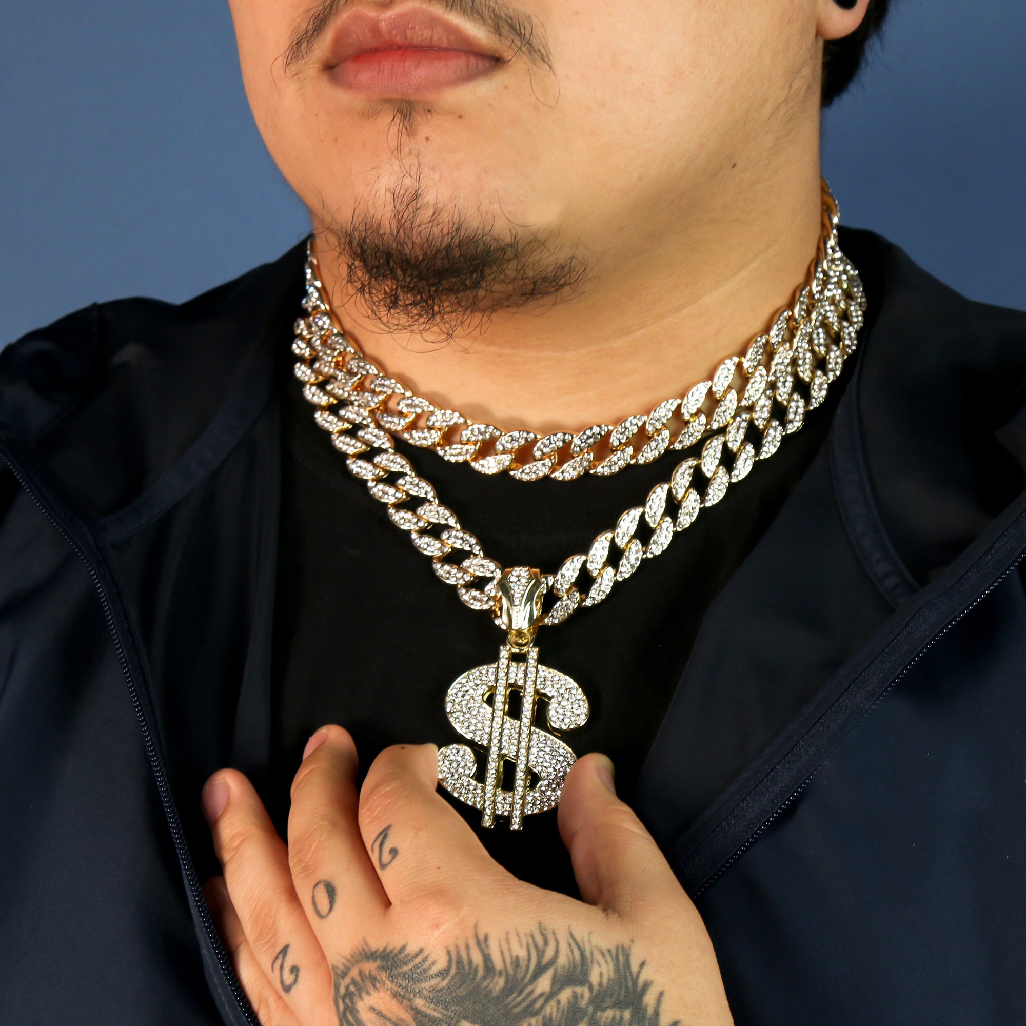 3pc Cz Large Money Sign Pendant Gold Plated 18, 20" Fully Cz Cuban Choker Chain