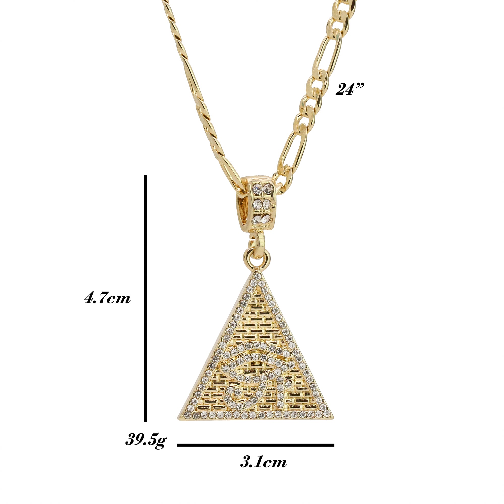 Iced Pyramid Eye of Ra Pendant 24" Figaro Chain Hip Hop Style 18k Gold Plated