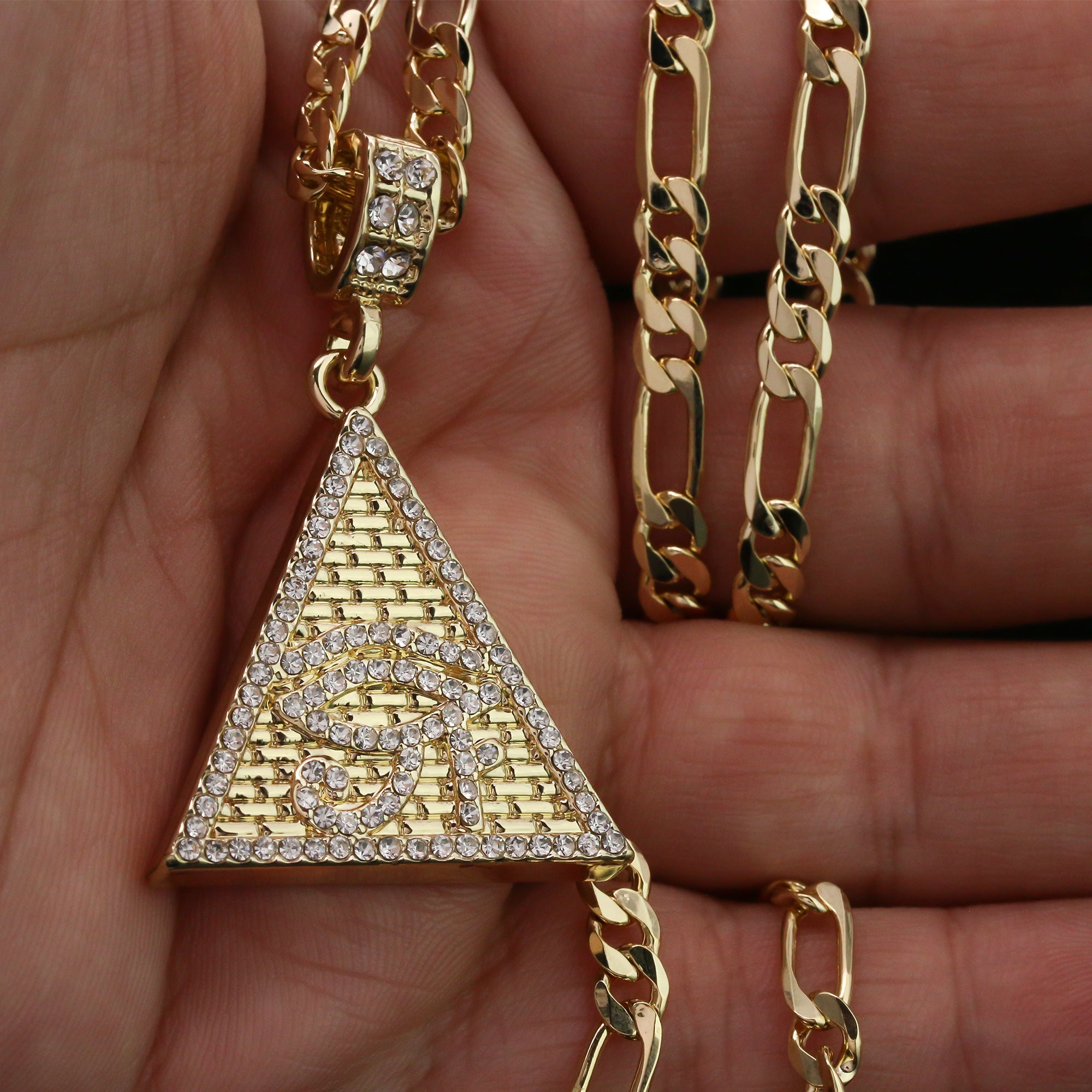 Iced Pyramid Eye of Ra Pendant 24" Figaro Chain Hip Hop Style 18k Gold Plated