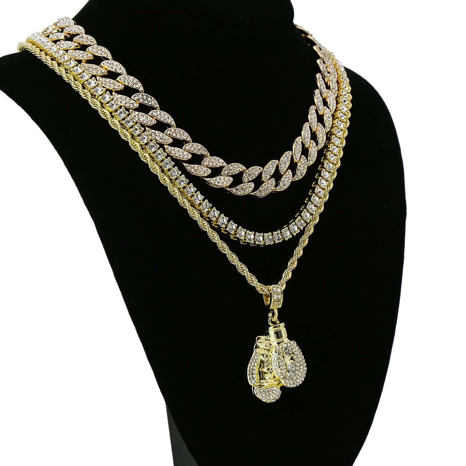Boxing Gloves 4 Pcs Set Clear Cz Cuban, Tennis & Rope Chain Bundle Gold PT