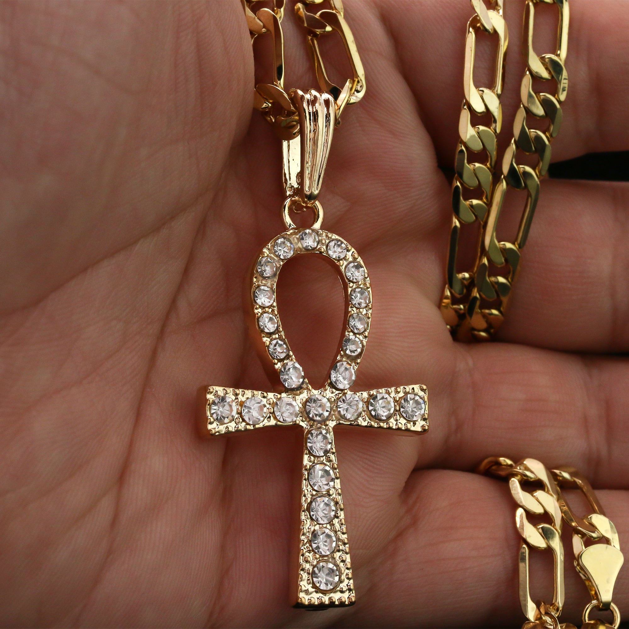 Iced Egyptian Ankh Pendant 24" Figaro Chain Hip Hop Style 18k Gold Plated