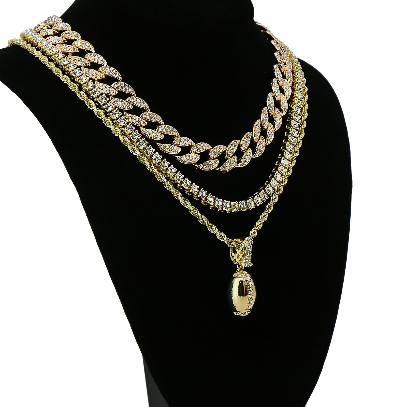 #1 Football 4 Pcs Set Clear Cz Cuban, Tennis & Rope Chain Bundle Gold PT