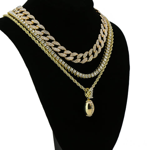 #1 Football 4 Pcs Set Clear Cz Cuban, Tennis & Rope Chain Bundle Gold PT