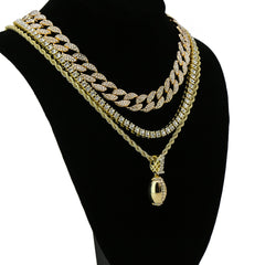 #1 Football 4 Pcs Set Clear Cz Cuban, Tennis & Rope Chain Bundle Gold PT